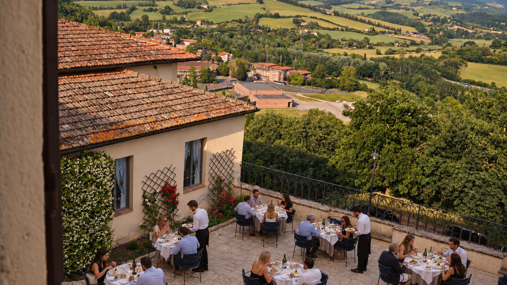 Ospiti a cena sulla terrazza panoramica di Villa San Lucchese, con vista sulle colline della Valdelsa